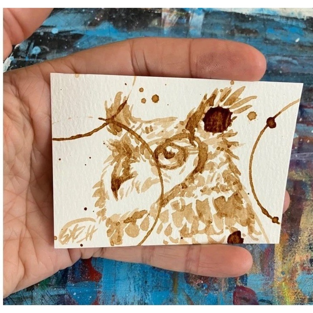 Original Painting Owl coffee ACEO art wildlife miniature artwork by Artettina